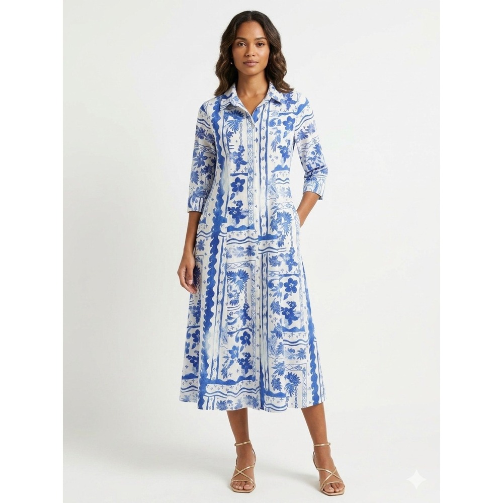 Joie Blue White Linen Rayon Floral Batik Midi Shirt Dress Small - Picture 1 of 11